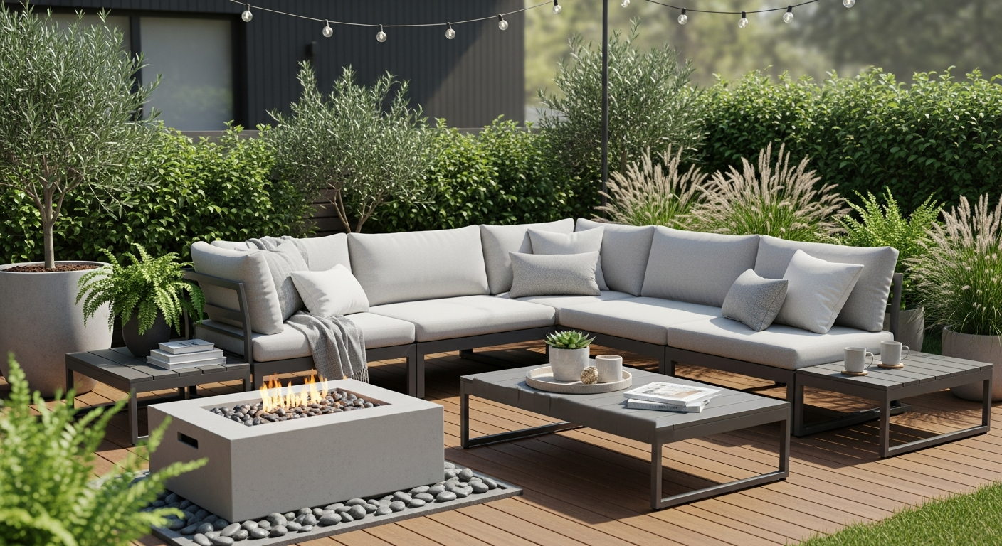 Modern black PE rattan five-piece patio sofa set with tempered glass table on outdoor patio