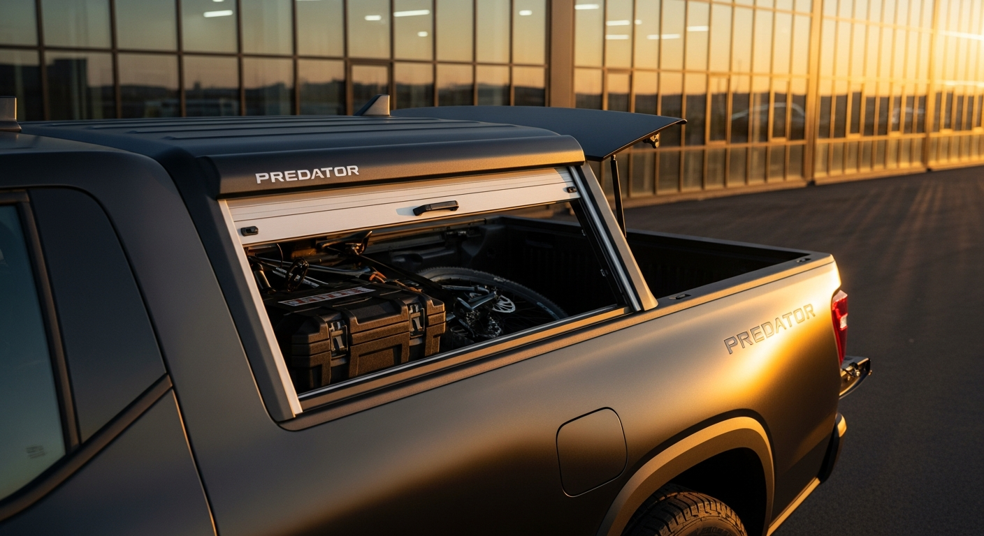Predator Electric Pickup Truck Roller Shutter installed on modern truck bed with remote control