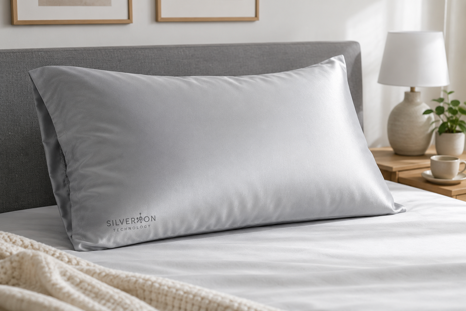 Silver ion infused satin pillowcase displayed on a bed with skincare products nearby
