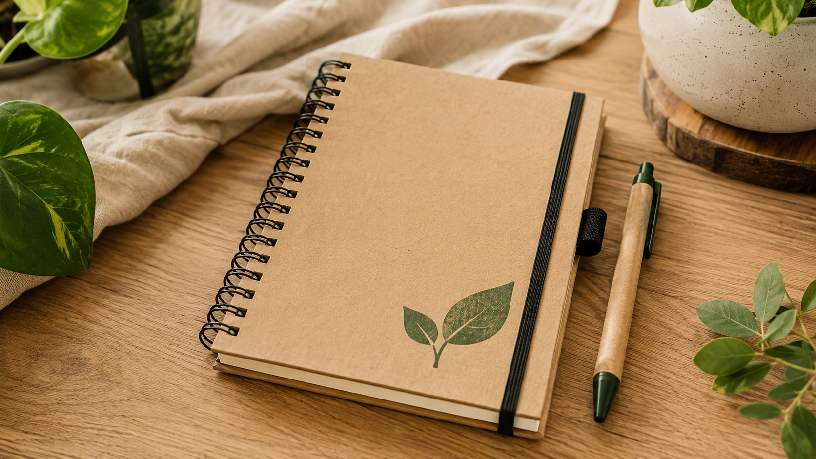"Eco-friendly reusable notebook with kraft cover, spiral binding, and sustainable pen on a wooden desk surrounded by green plants, ideal for paperless note-taking and environmentally conscious stationery."
