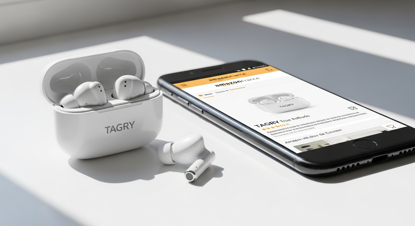 TAGRY Bluetooth true wireless earbuds with charging case displayed on white background showing compact design