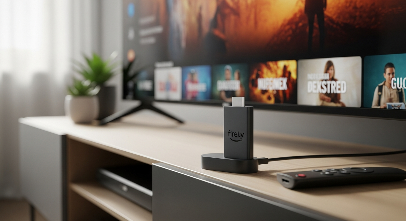 Amazon Fire TV Stick streaming device plugged into television HDMI port