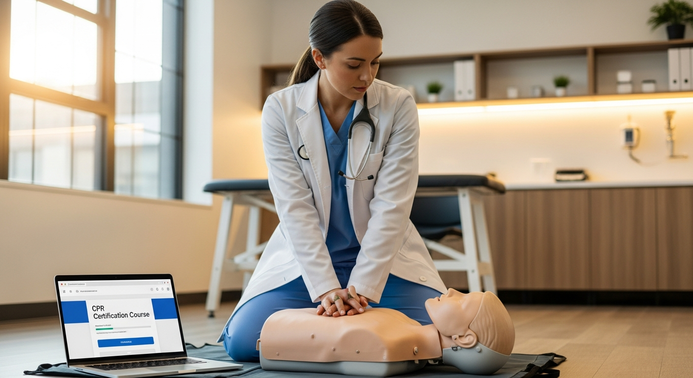Online CPR AED certification course training interface displayed on computer screen