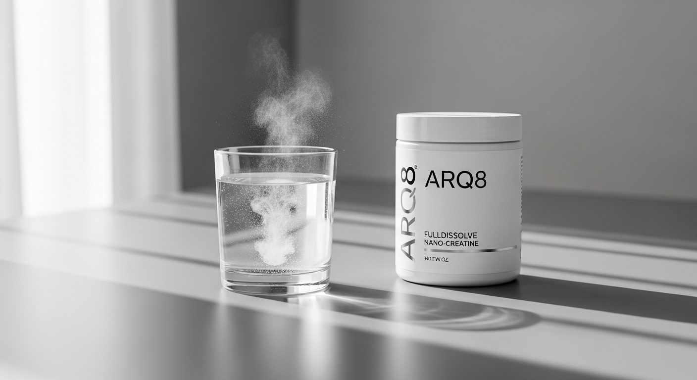 Arq8 FullDissolve Nano-Creatine Powder container with Swiss-engineered formula displayed prominently