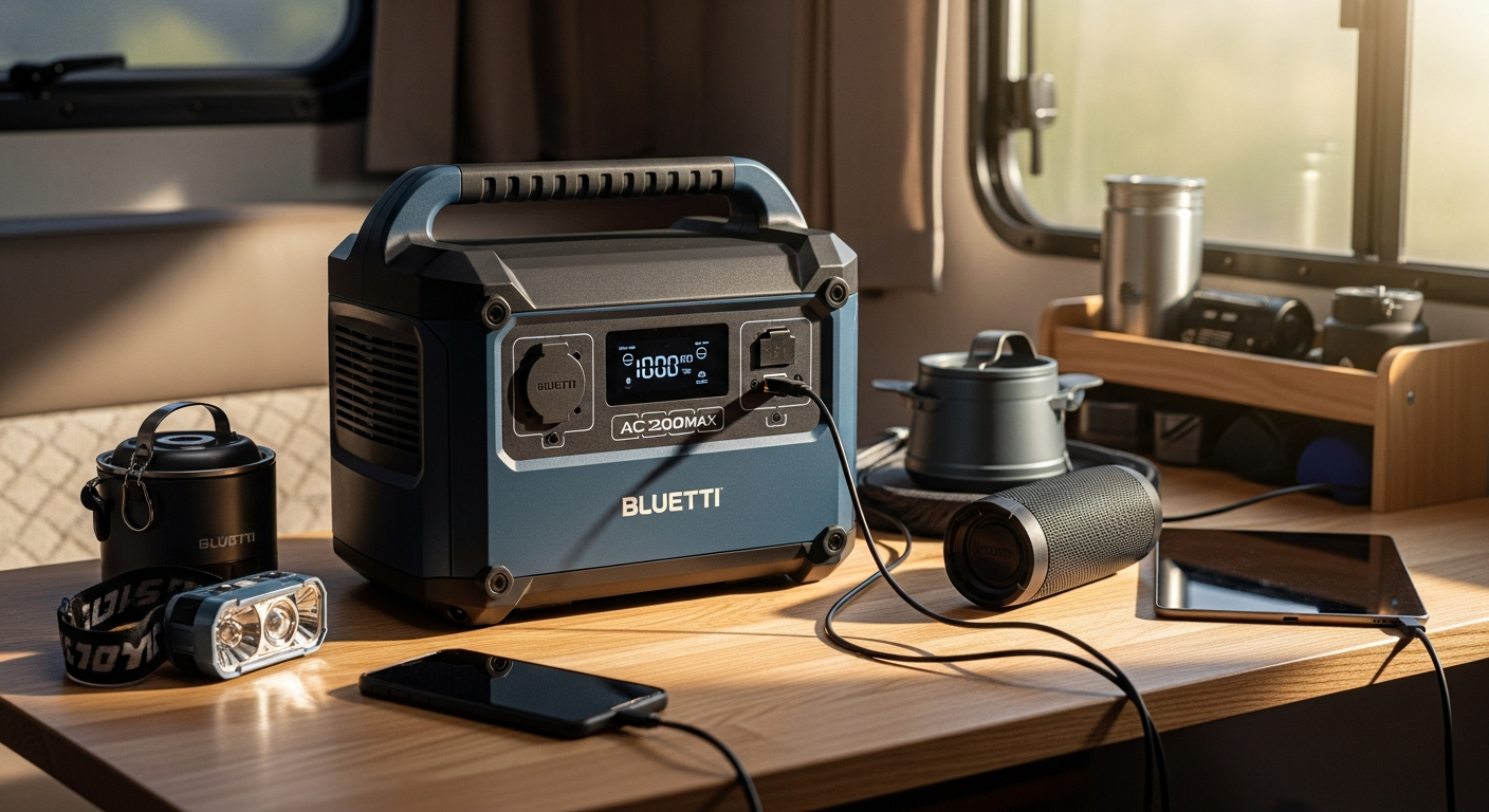 BLUETTI AC200MAX portable power station with RV 30A outlet and expandable battery modules