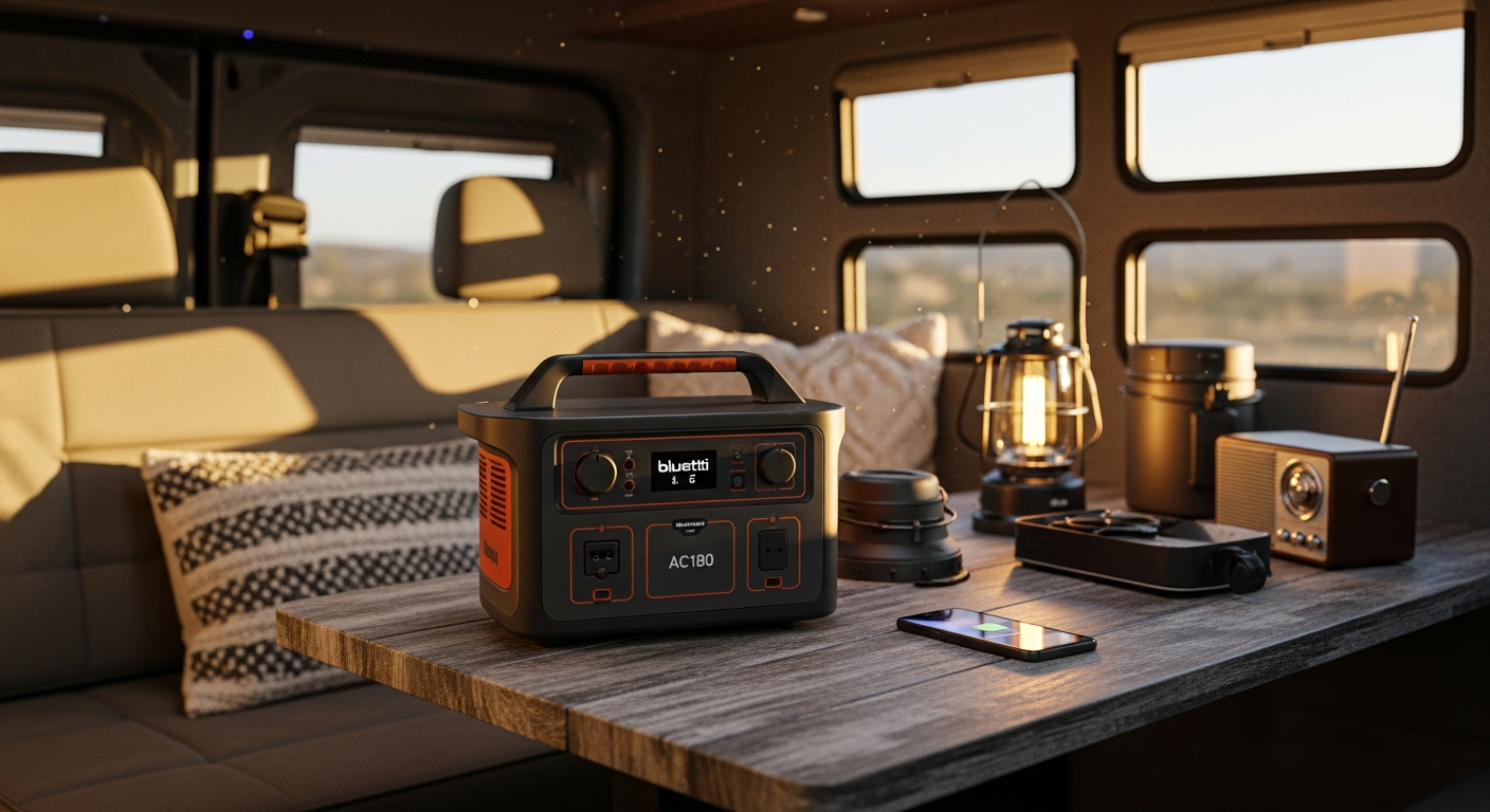 Bluetti AC180 portable power station displayed in a modern van conversion interior setup