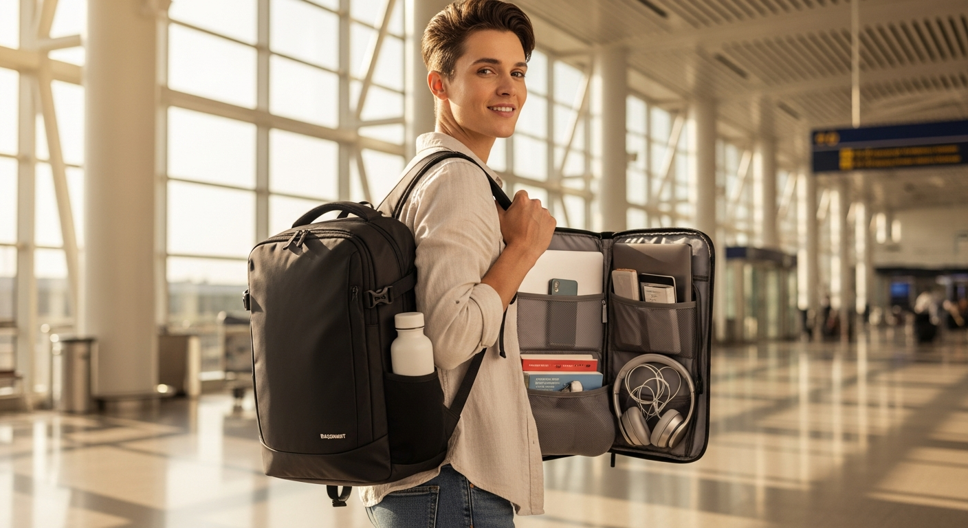 Bagsmart Blast Expandable Travel Backpack displayed with expandable compartments open showing smart organization features