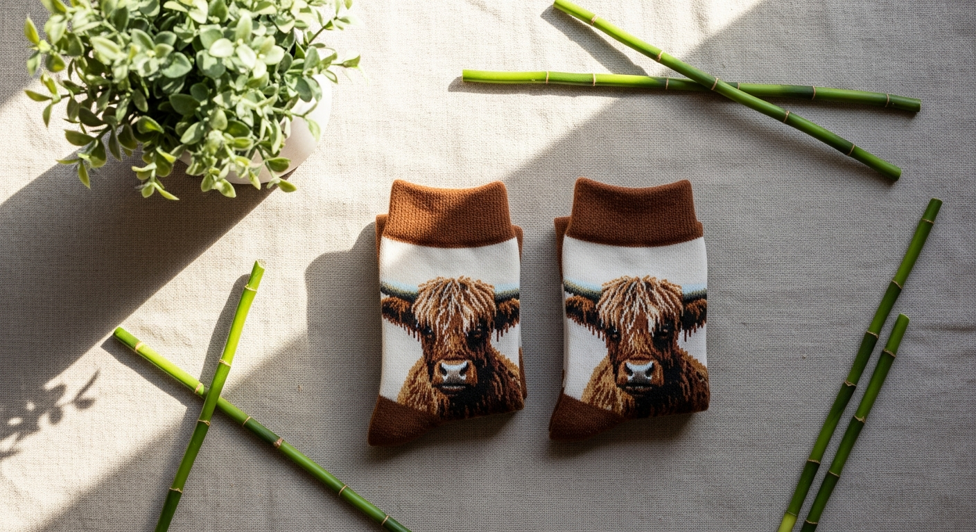 Highland cow bamboo socks displayed with sustainable eco-friendly packaging and conservation messaging