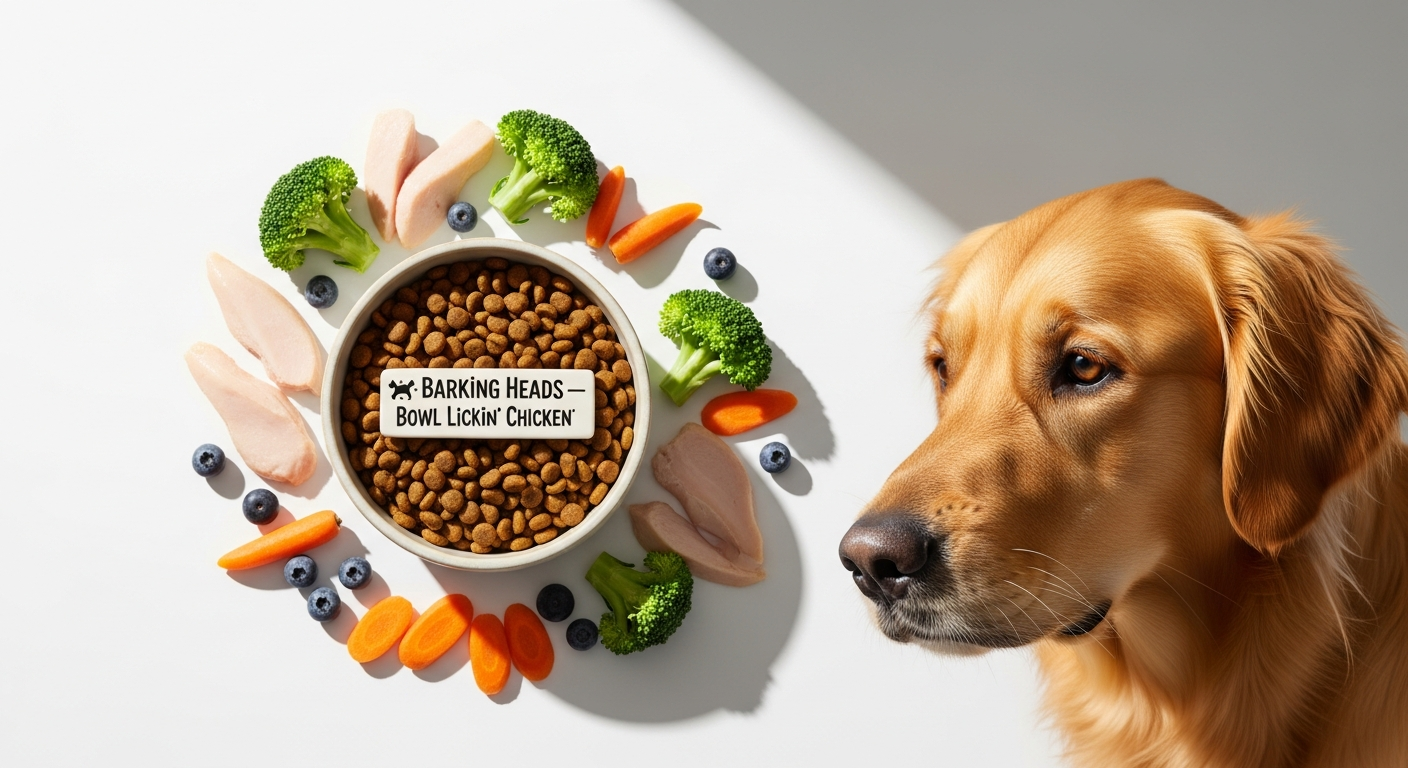 Barking Heads Bowl Lickin' Chicken Dry Dog Food kibble in a stainless steel bowl