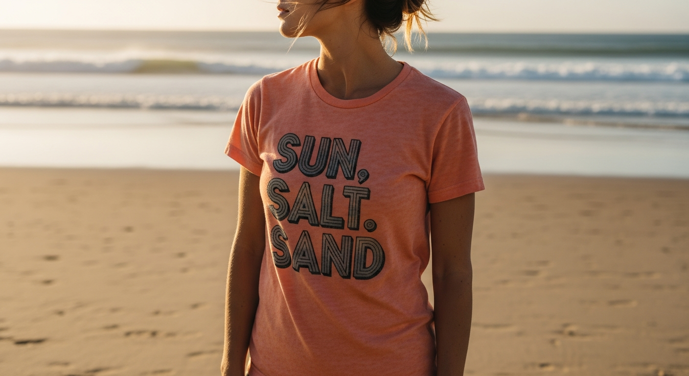 Sun, Salt, Sand T-Shirt displayed in vibrant aqua color showing preshrunk cotton construction and classic fit design