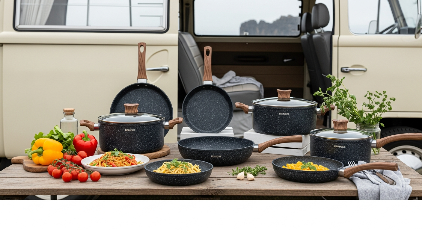 Berger Stone Rock 10-piece non-stick camping cookware set with stackable pots, pans, and casseroles displayed with removable handle and carrying strap