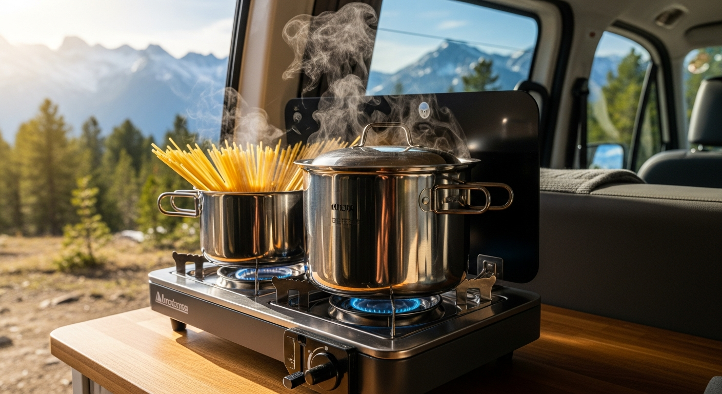 Lightweight aluminum Berger Stone Rock pasta pot set with non-stick coating displayed in compact van kitchen