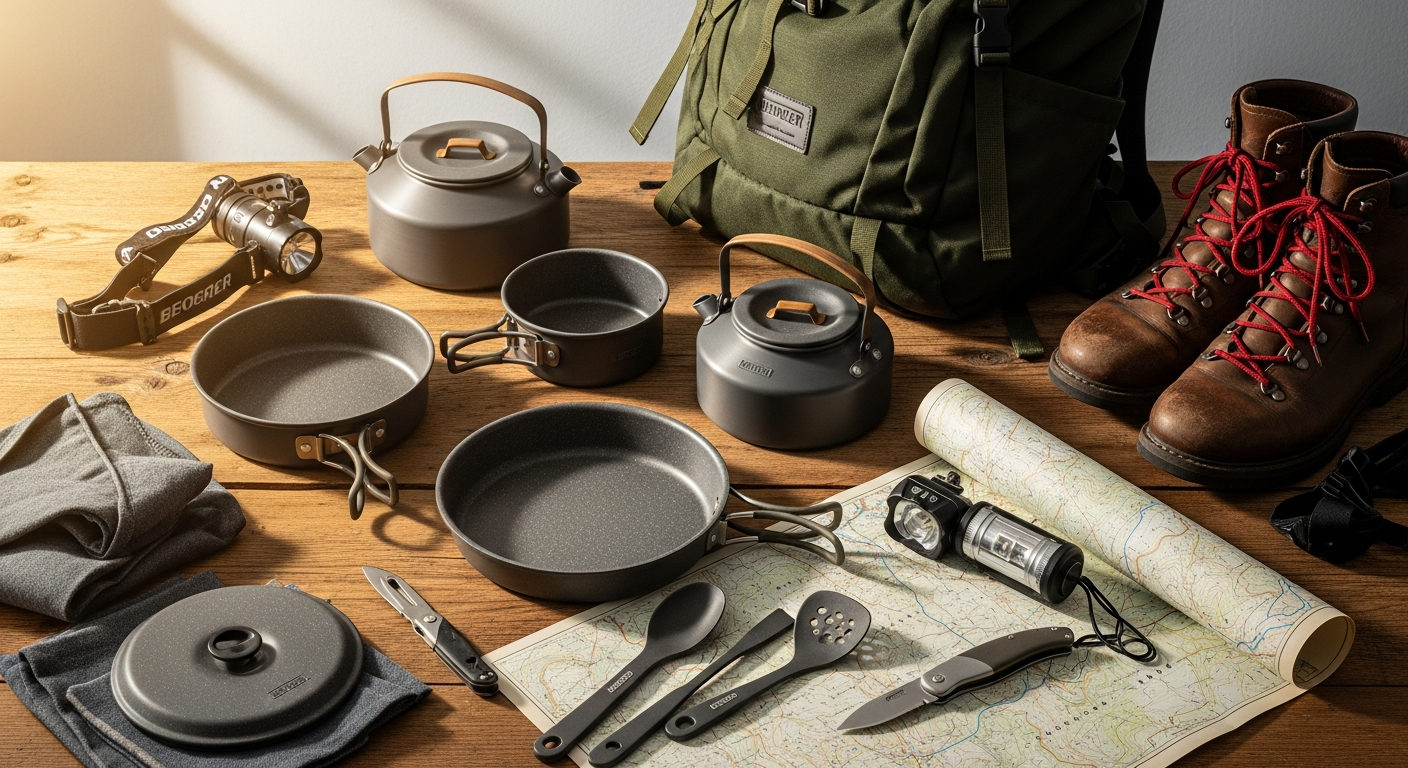 Berger Stone Rock 10-piece camping cookware set with stackable pots and pans displayed together