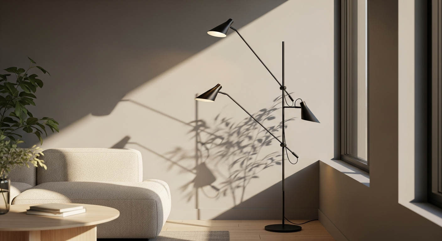 Modern black three-light floor lamp with adjustable arms and lampshade