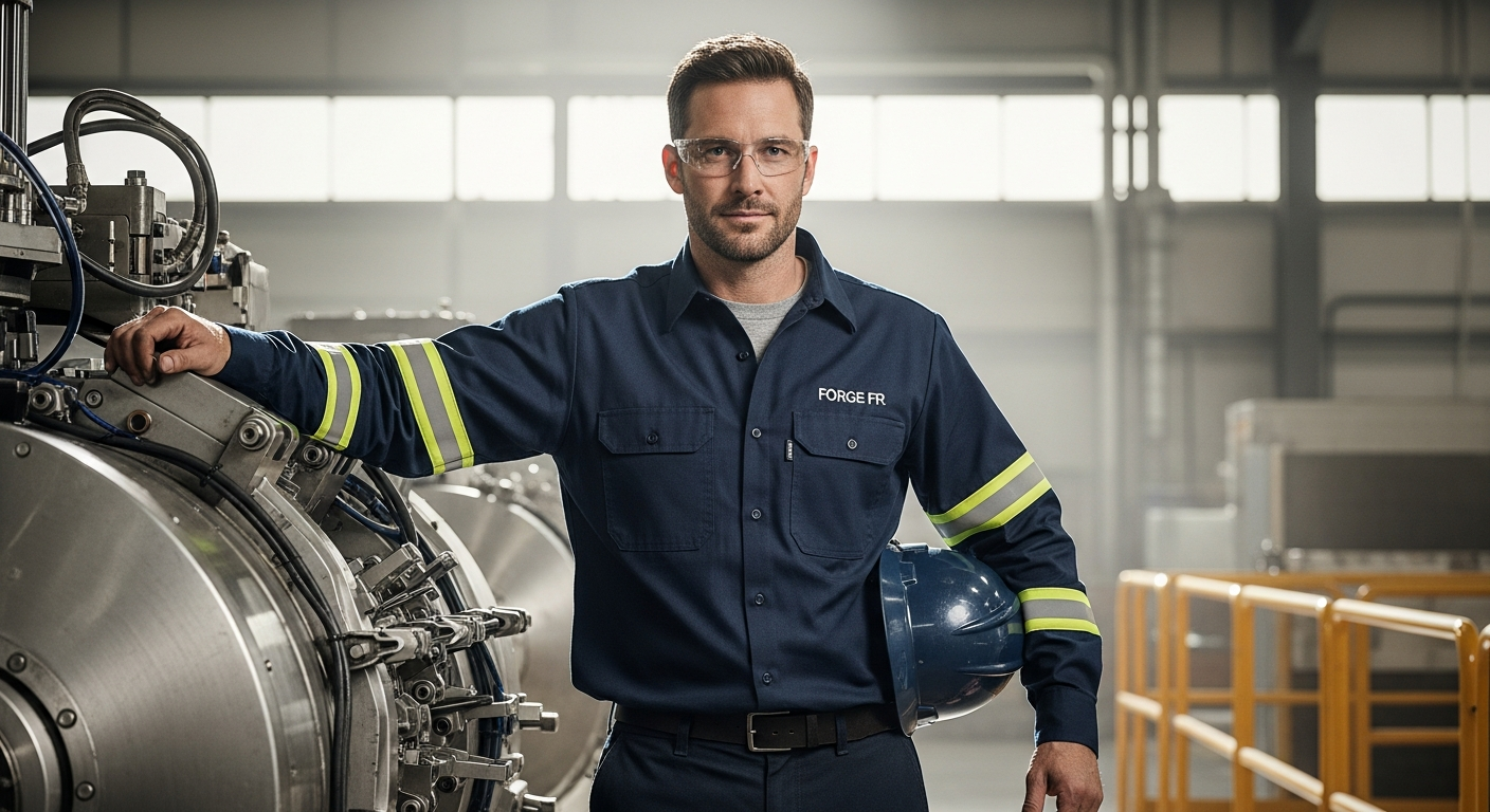 Forge FR Flame Resistant Work Shirt displayed on industrial worker in hazardous manufacturing environment