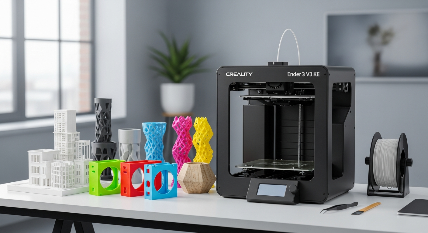 Creality Ender 3 V3 KE 3D printer with direct drive extruder and touchscreen display on white background