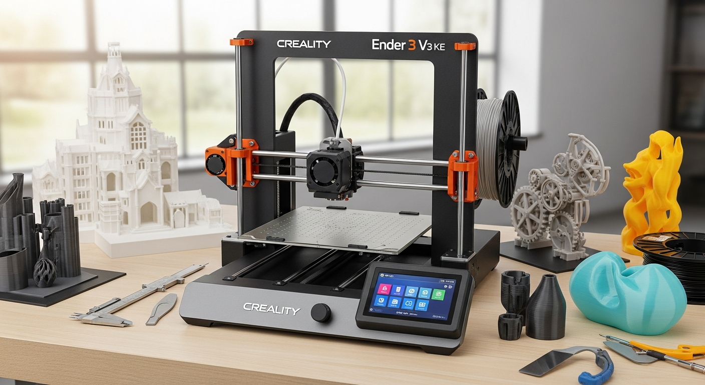 Creality Ender 3 V3 KE 3D printer with direct drive extruder and touchscreen display