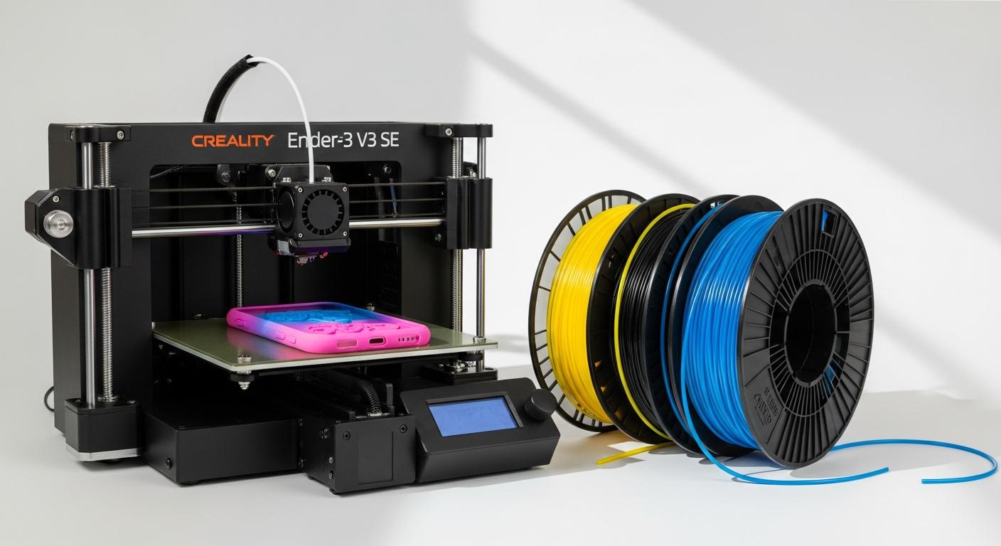 Creality Ender-3 V3 SE 3D printer with flexible TPU filament spool loaded
