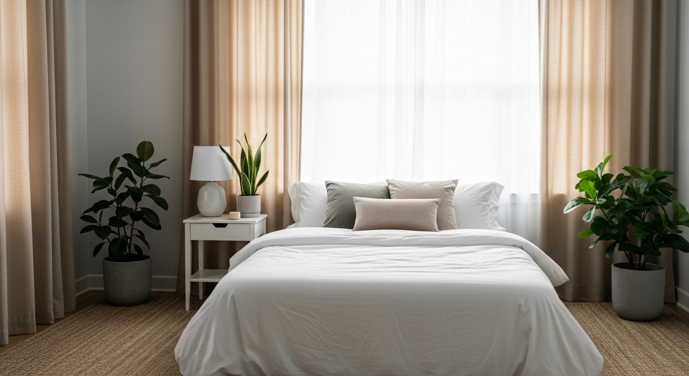 Elegant custom blackout curtains hanging in a modern bedroom window creating a dark sleep sanctuary