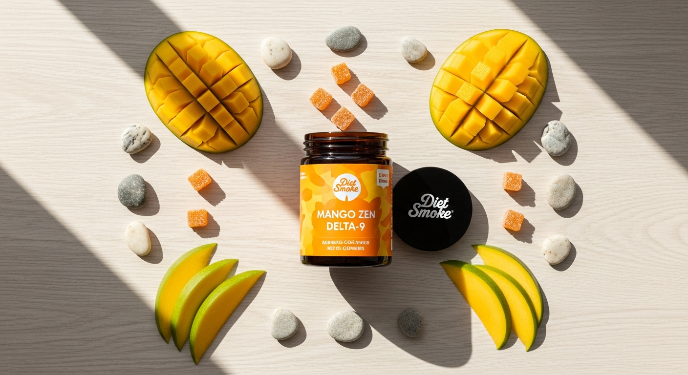 Mango Zen Delta-9 Gummies package with tropical mango fruit and wellness elements