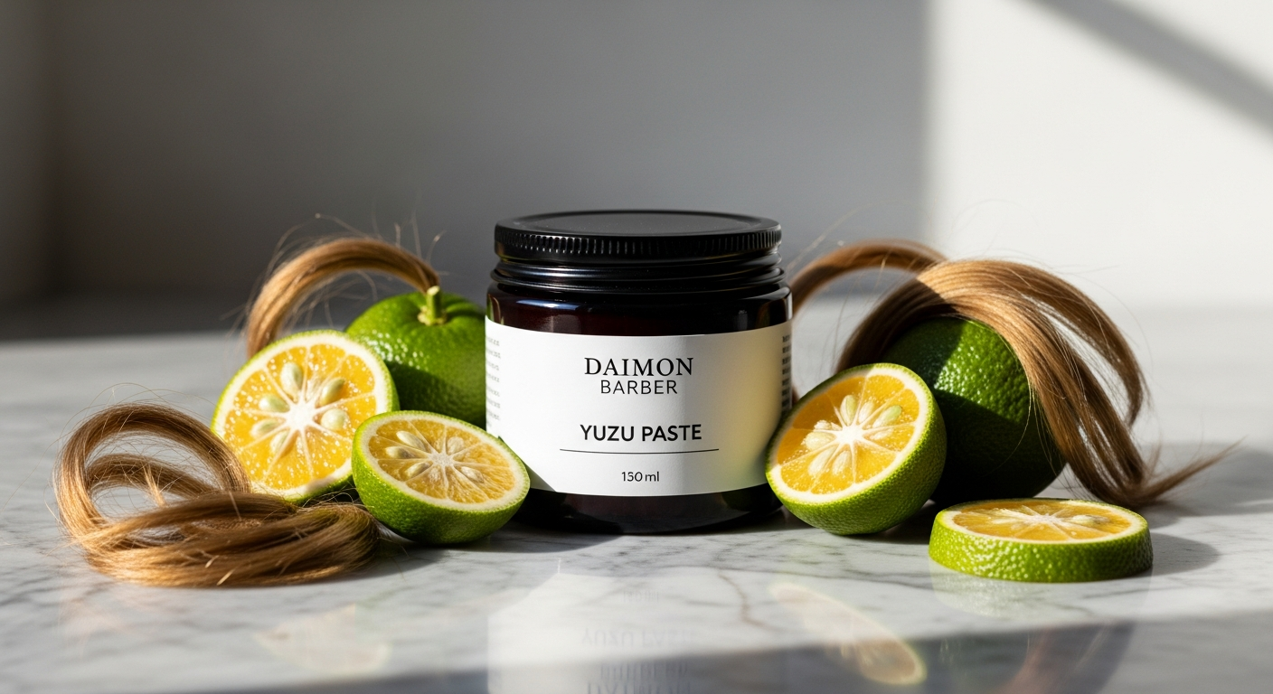 Daimon Barber Yuzu Paste styling product jar with yuzu fruit and fine hair texture background