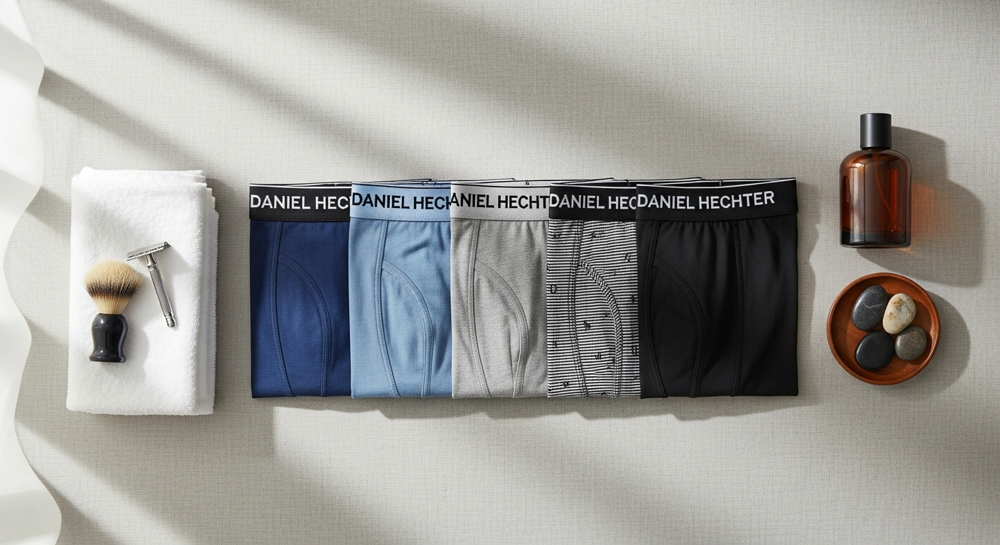 Daniel Hechter Men's 5-Pack Boxershorts in black, marine, and grey colors displayed flat lay
