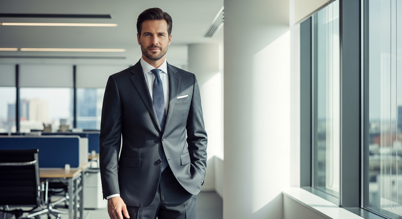 Professional man wearing a navy Daniel Hechter business suit in modern office setting