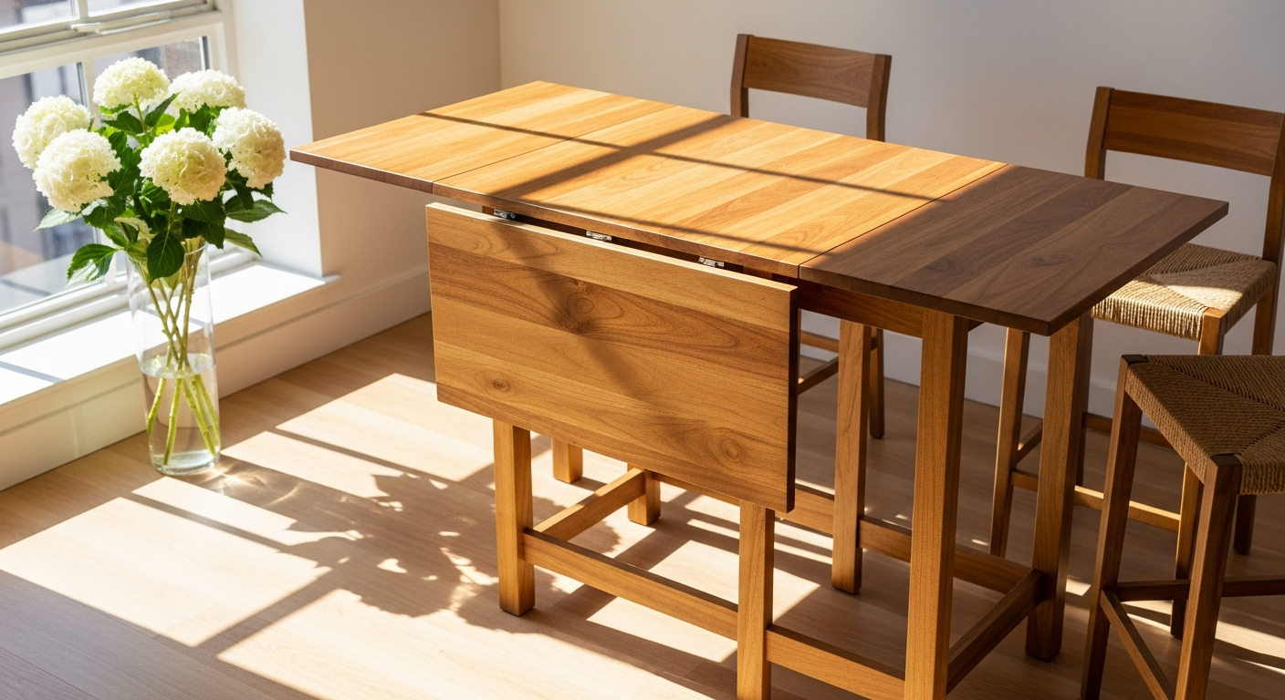 Foldable acacia wood bar table with honey-toned finish displayed in compact apartment setting