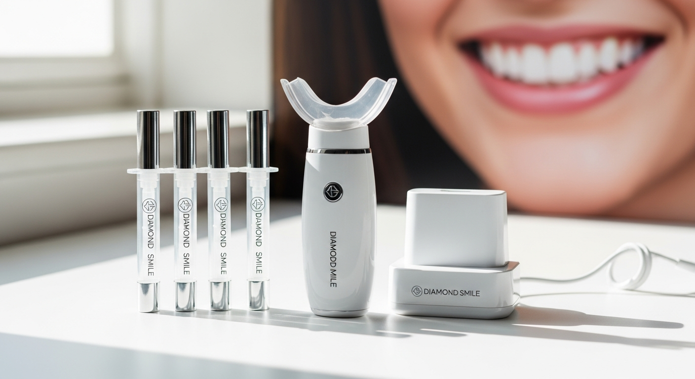 Professional Diamond Smile teeth whitening kit with LED lamp and whitening gel displayed on white background