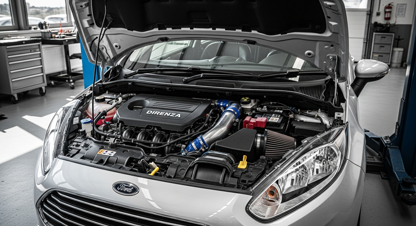 Direnza cold air induction kit components displayed with Ford Fiesta MK7 engine bay background