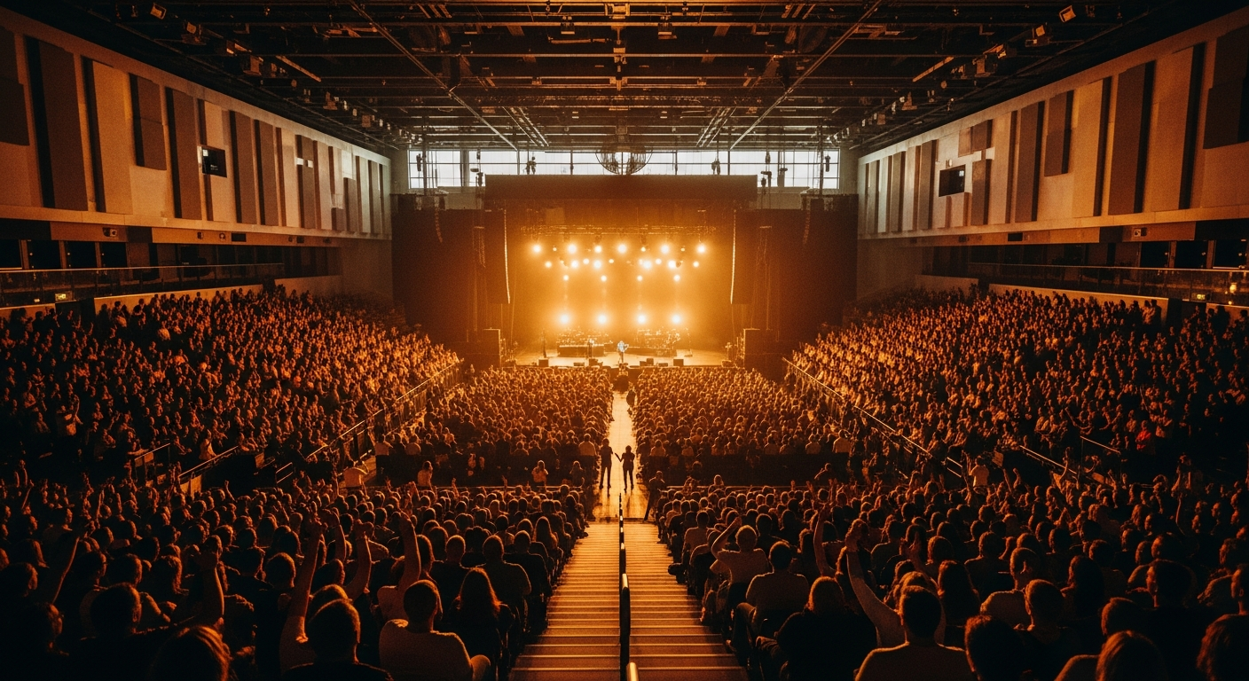 Sanah performing on stage at a Polish stadium concert during the SANAH NA STADIONACH tour
