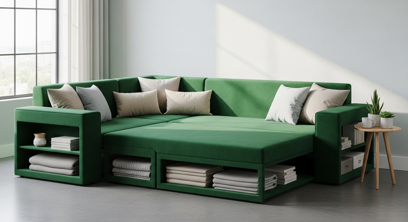 Meridian U Shape Velvet Sofa Bed with Storage in modern living room showcasing compact space design
