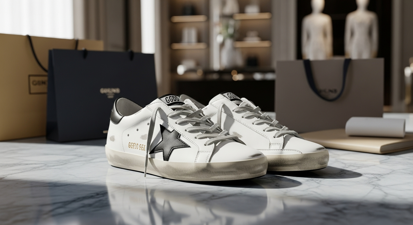 Golden Goose Deluxe Brand luxury sneakers with distressed leather and signature star emblem on display