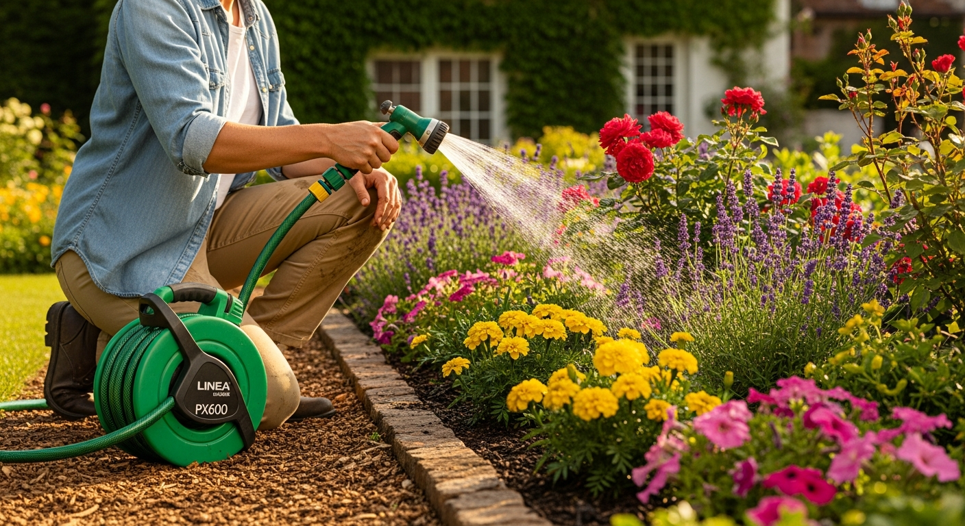 LINEA PX600 Hybrid Garden Hose in Soft Grey coiled on garden ground with water flowing