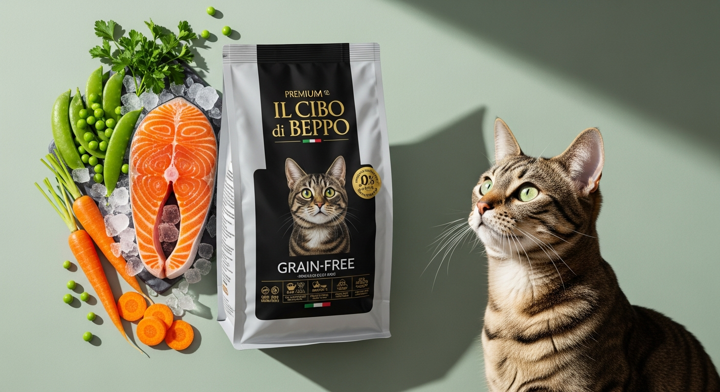 Premium grain-free cat food with high meat content in both dry and wet formats