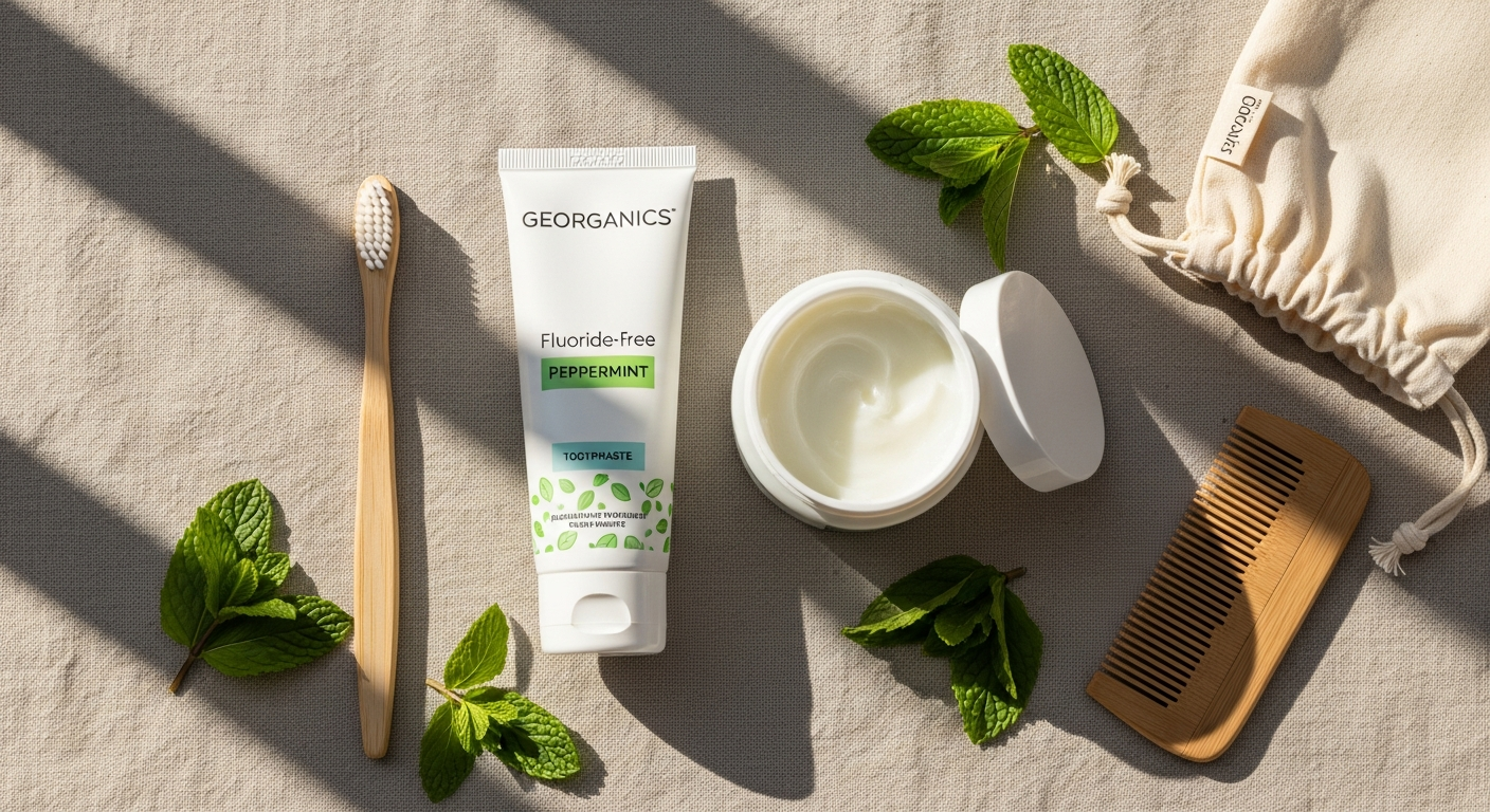 Georganics Fluoride-Free Peppermint Toothpaste in glass jar with aluminum lid and sustainable packaging