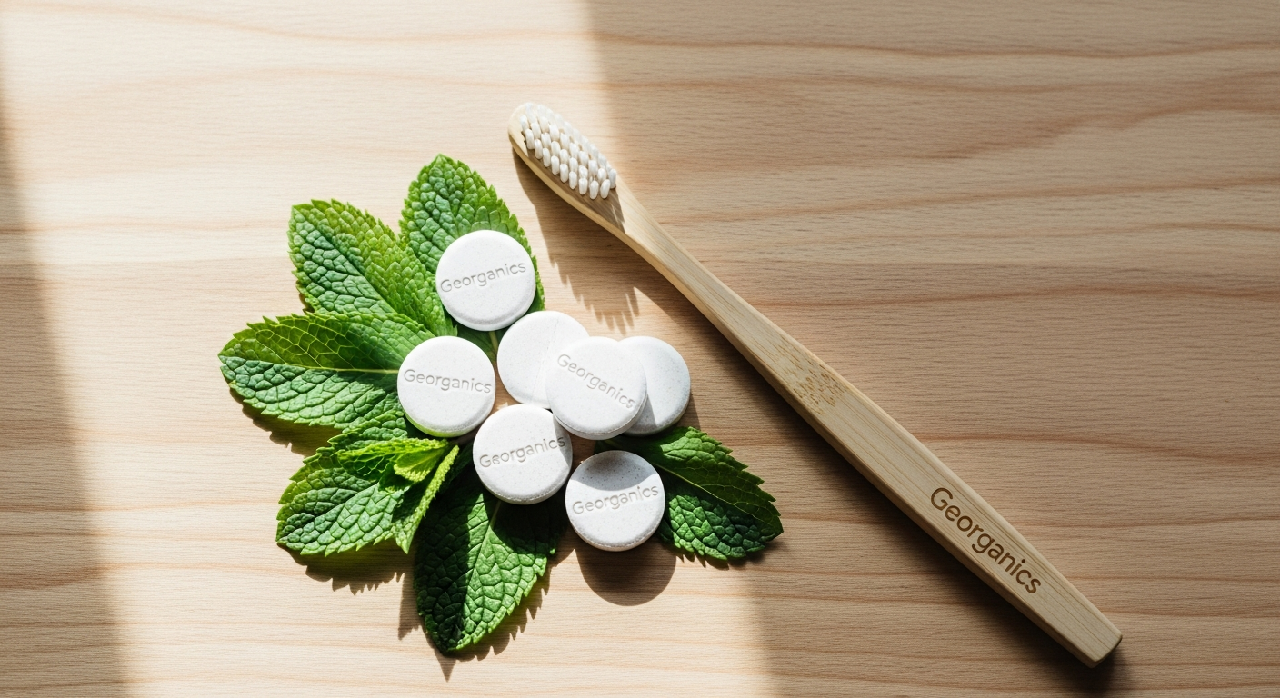 Georganics toothpaste tablets in glass jar with peppermint and charcoal varieties displayed