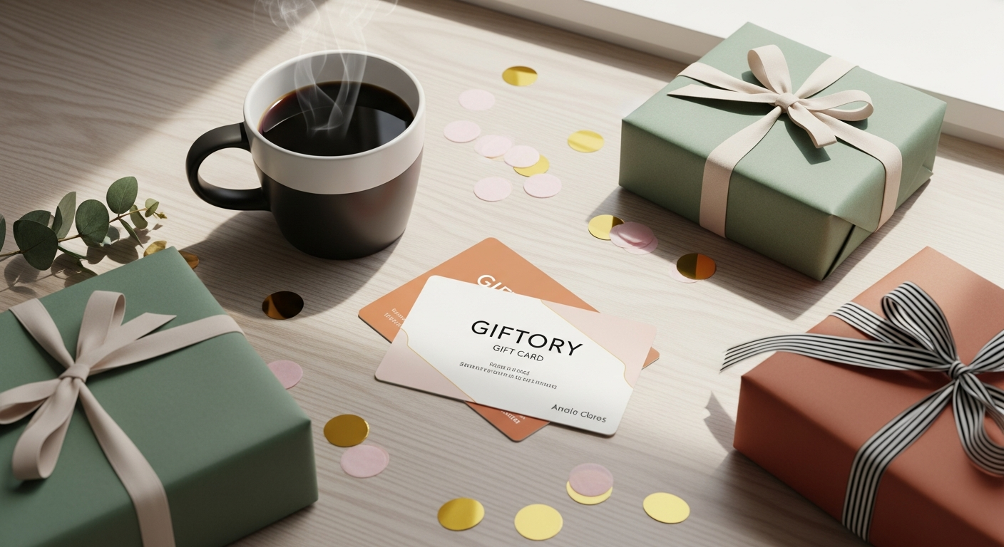 Giftory Experience Gift Card displayed with colorful experience icons representing adventure, dining, wellness, and travel activities