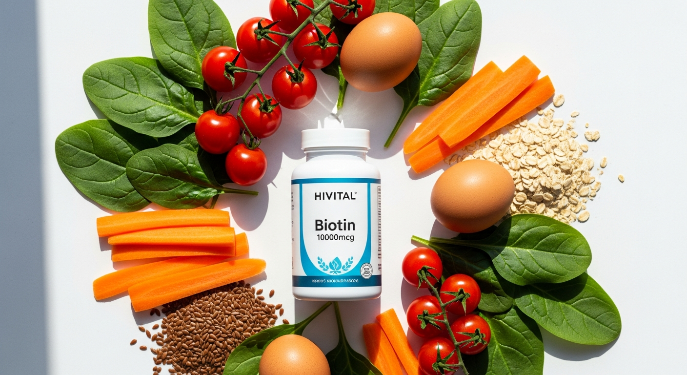 HIVITAL Biotin 10000mcg supplement bottle with 365 vegan tablets displayed on wellness background