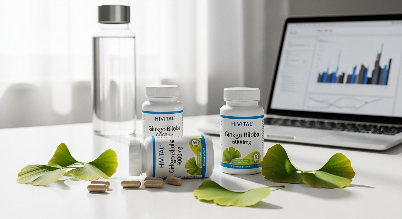 HIVITAL Ginkgo Biloba 6000mg vegan capsules supplement bottle for cognitive performance and circulation support