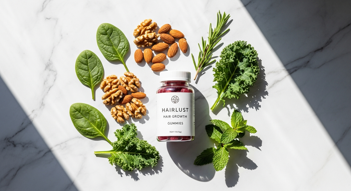 Woman with thick, shiny hair smiling while holding Hairlust Hair Growth Gummies bottle