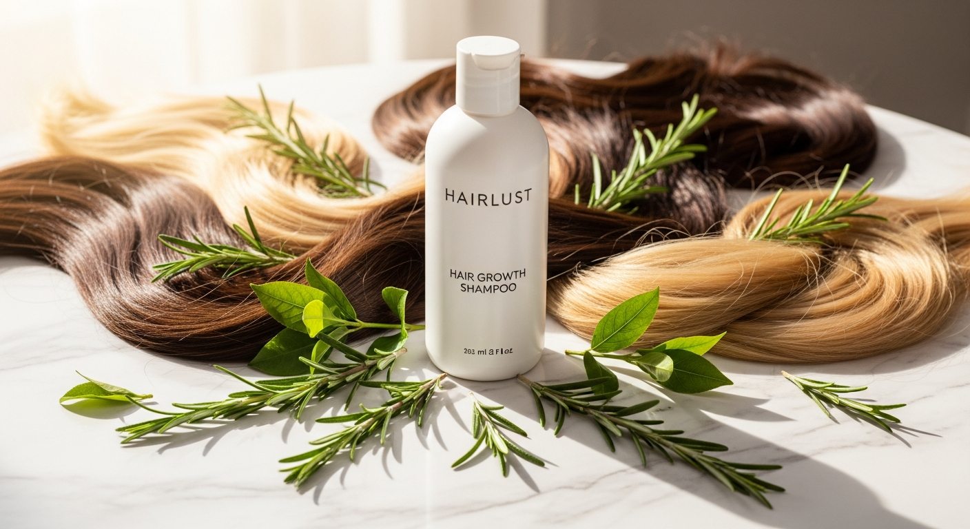 Hairlust Grow Perfect Hair Growth Shampoo bottle with pea sprout and rosemary botanical ingredients displayed