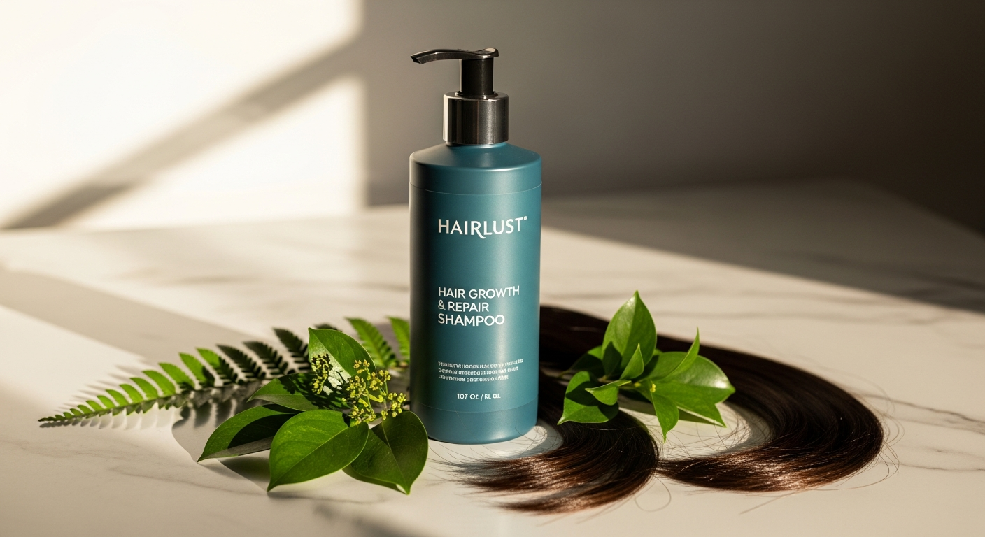 Hairlust Hair Growth and Repair Shampoo bottle with rosemary and natural botanical ingredients displayed