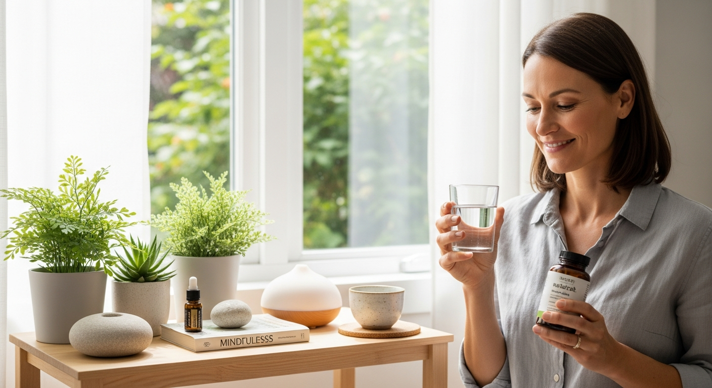 Woman holding Hormone Harmony supplement bottle with natural botanical ingredients displayed around it