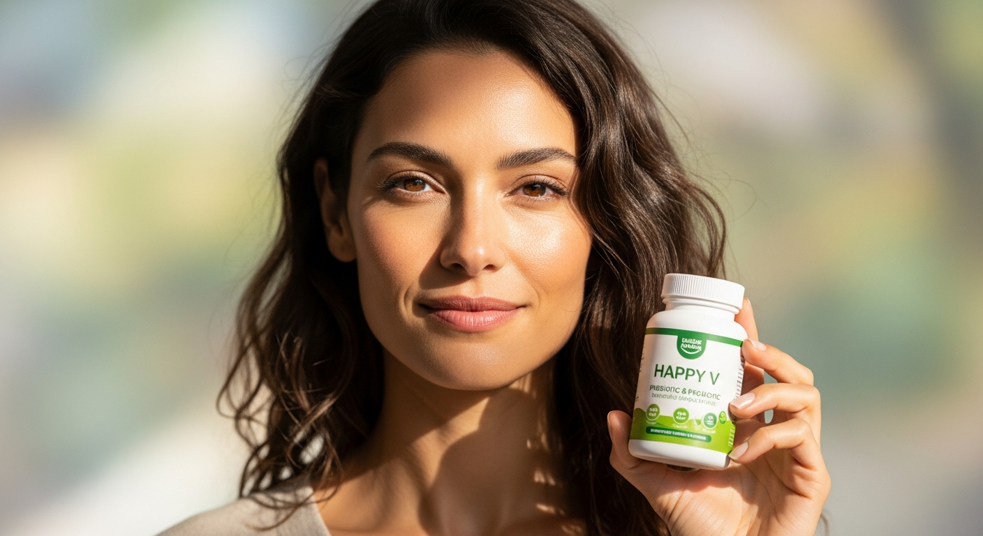 Happy V Prebiotic and Probiotic supplement bottle with capsules displayed on white background