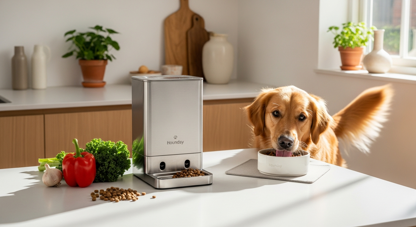 Houndsy Kibble Dispenser mid-century modern pet feeder in kitchen setting