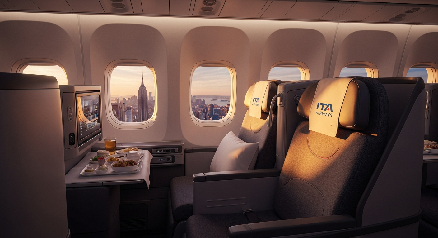 Modern Airbus aircraft flying over Atlantic Ocean toward New York skyline