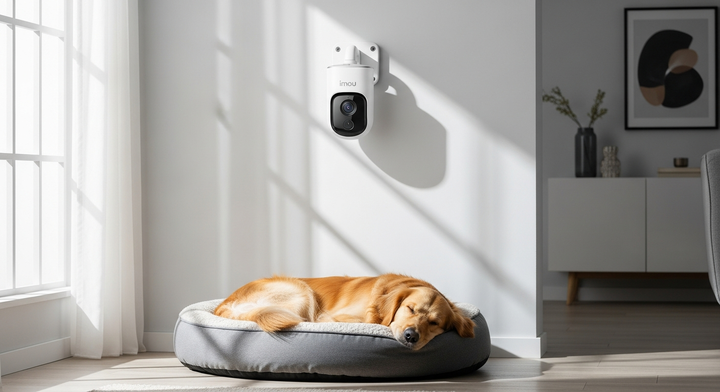 Imou Ranger 2C 4MP indoor security camera mounted on white wall showing lens and motorized pan-tilt mechanism