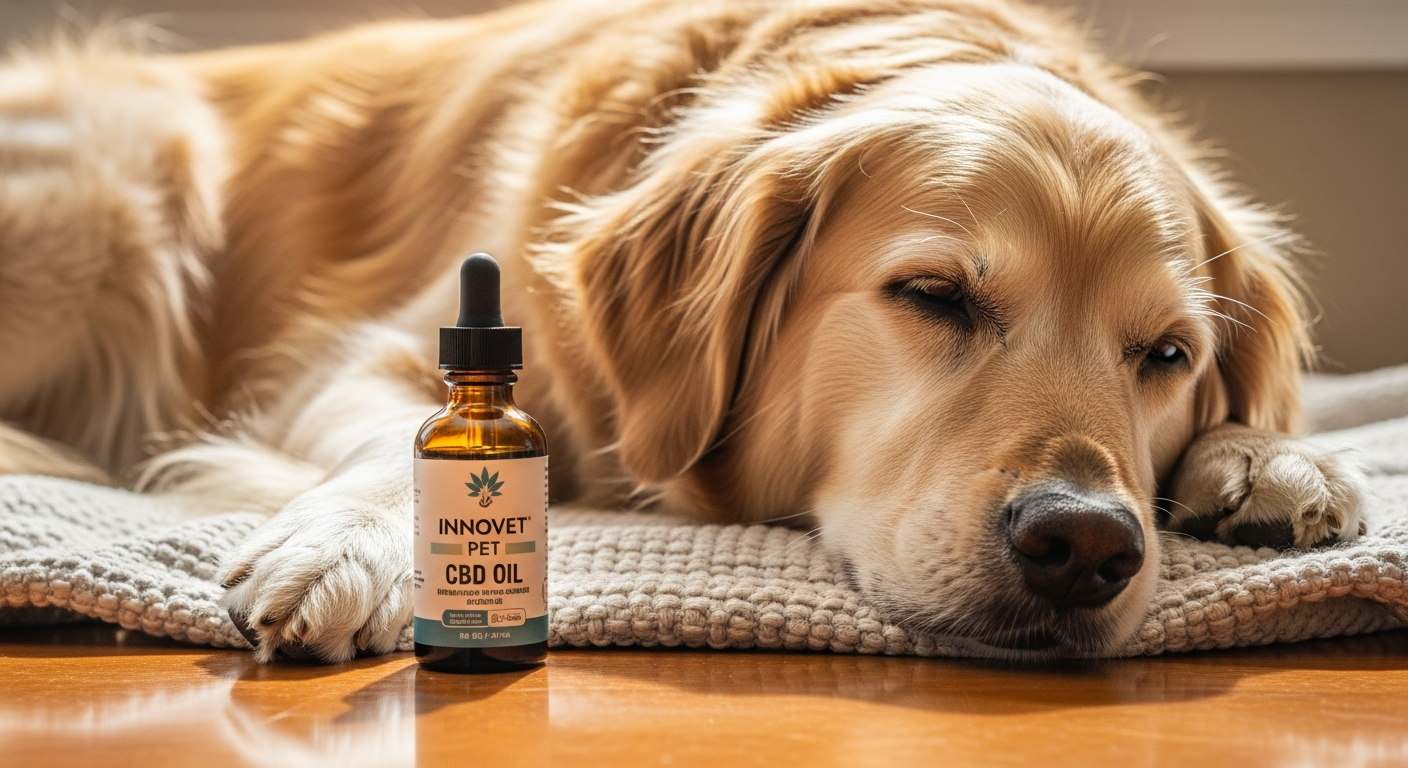 Senior golden retriever receiving Innovet Pet CBD oil dropper for chronic pain relief