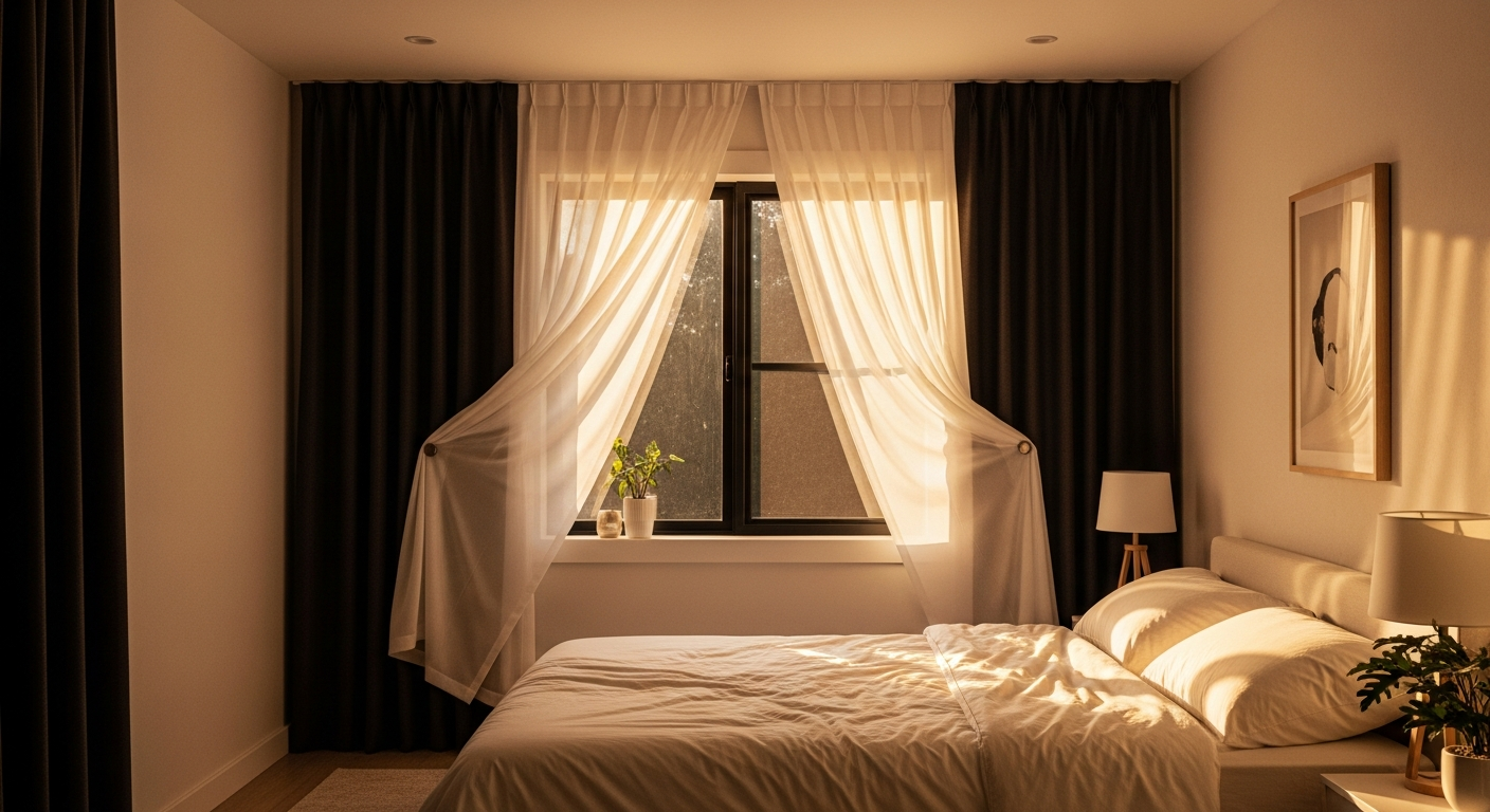 Joydeco blackout curtains hanging on bedroom window with soft faux linen texture and complete light blocking